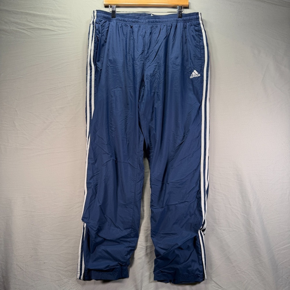 Adidas Track Pants Mens 2XL Navy Blue Swishy Nylon Striped Zipper Ankle Work Out